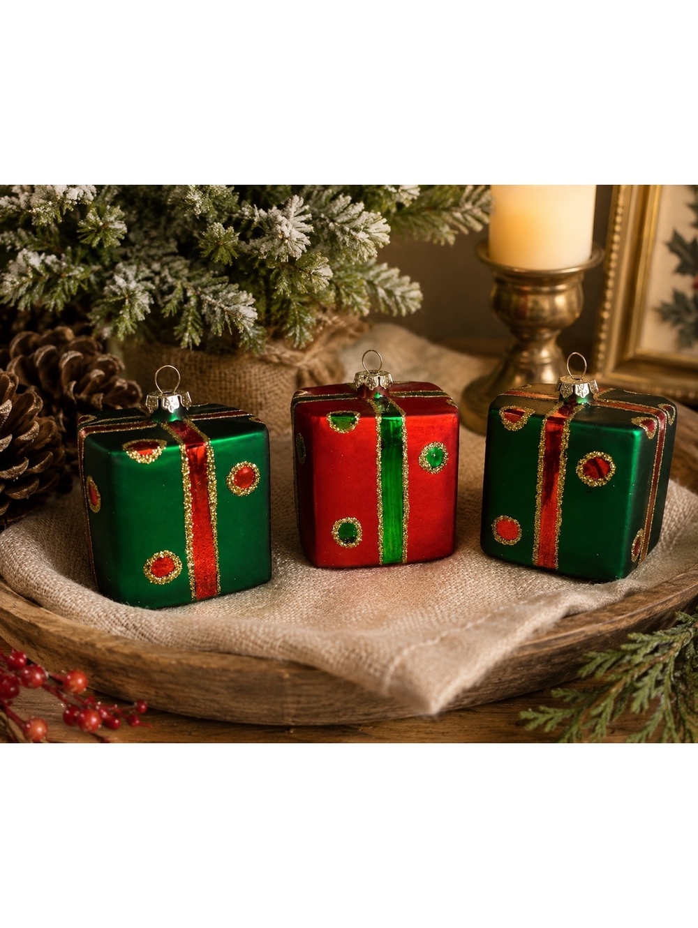 Vintage Glass Christmas Present Ornaments Set of 3 Red Green Gift Decorations